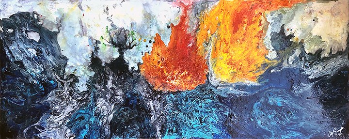 New Ground by Alex Sample, an abstract painting in blue, white, and fiery orange