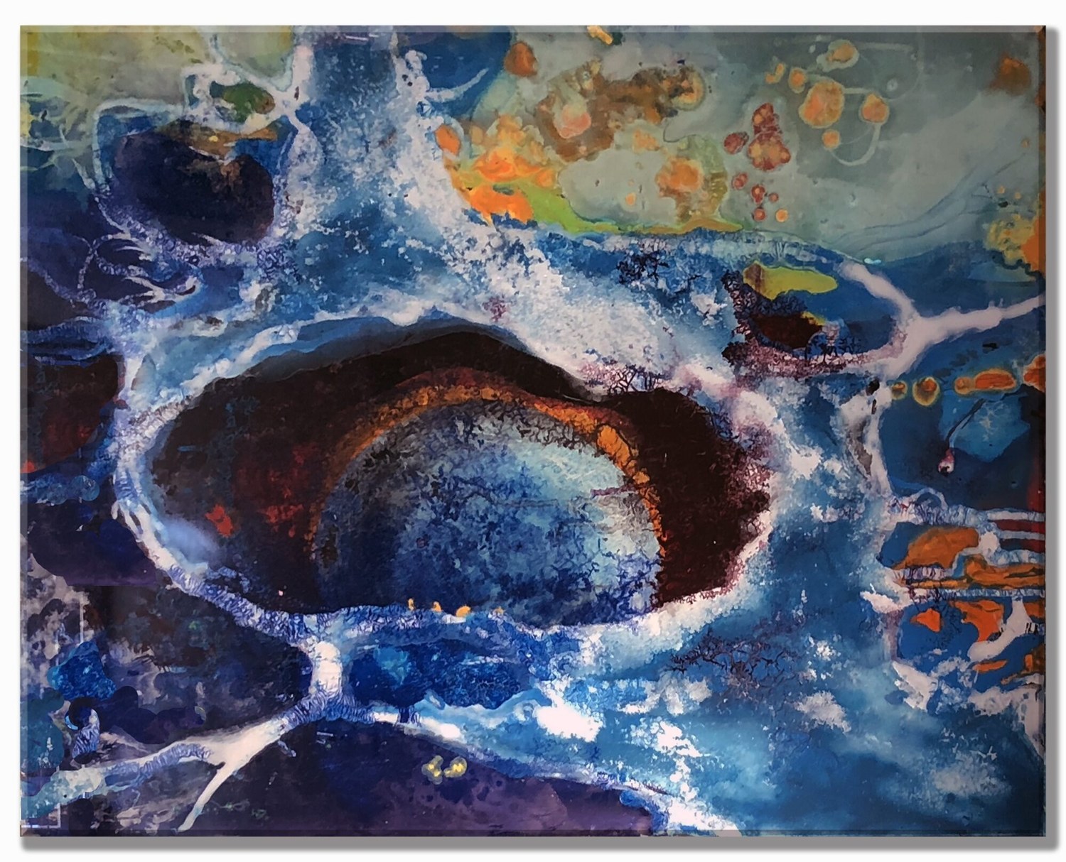 An abstract painting by Alex Sample in blue, orange, and white